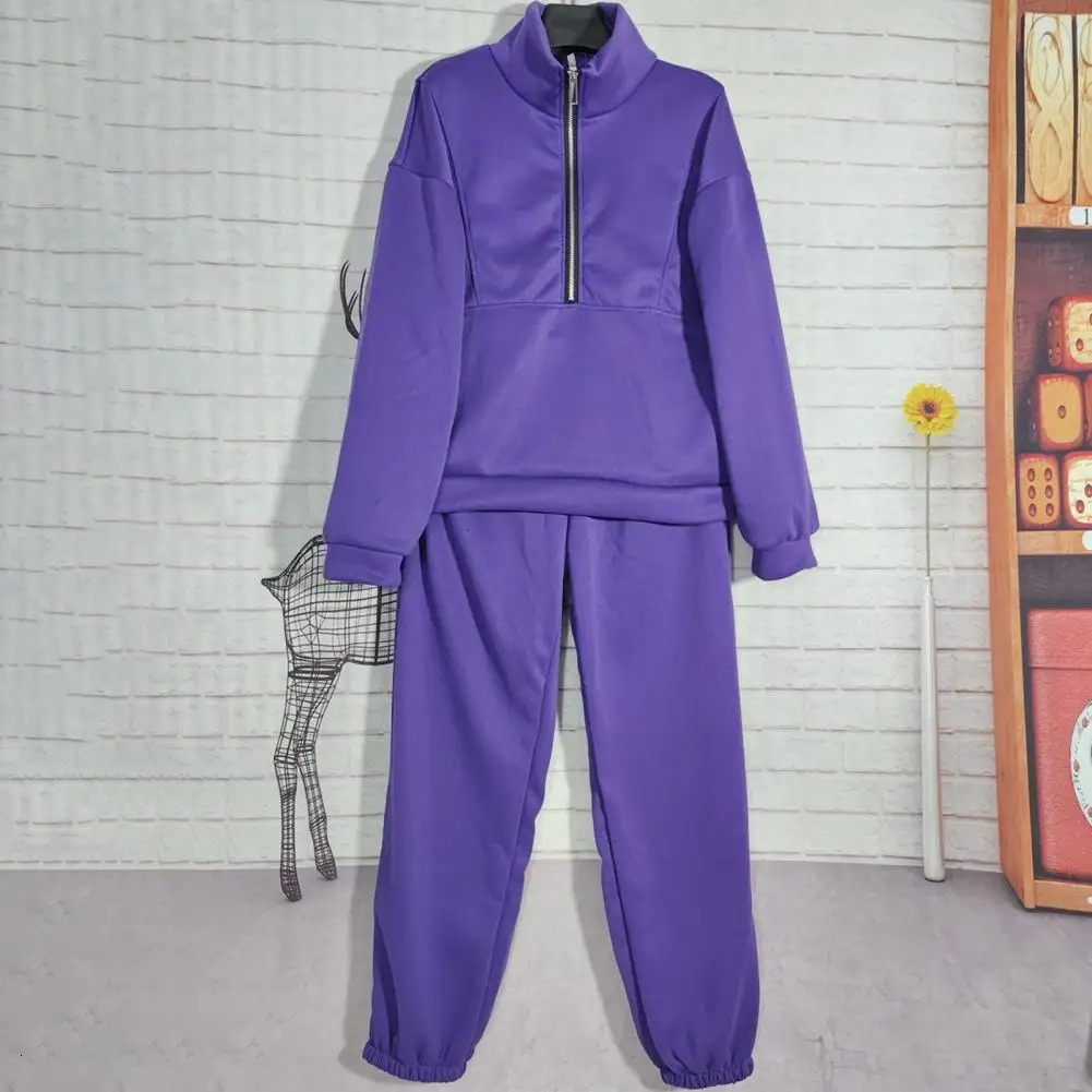 Solid Color Sports Suit Cozy Fall Winter Sweatshirt Pants Set Stylish Stand Collar Loose Fit Elastic Waist Trousers for Comfort 240807