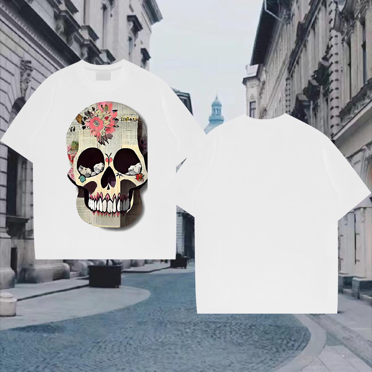 Designer T shirt skull Tops 230g Pure Cotton Casual Daily Wear Unisex White Plus Size Short Sleeve Soft Men Tees