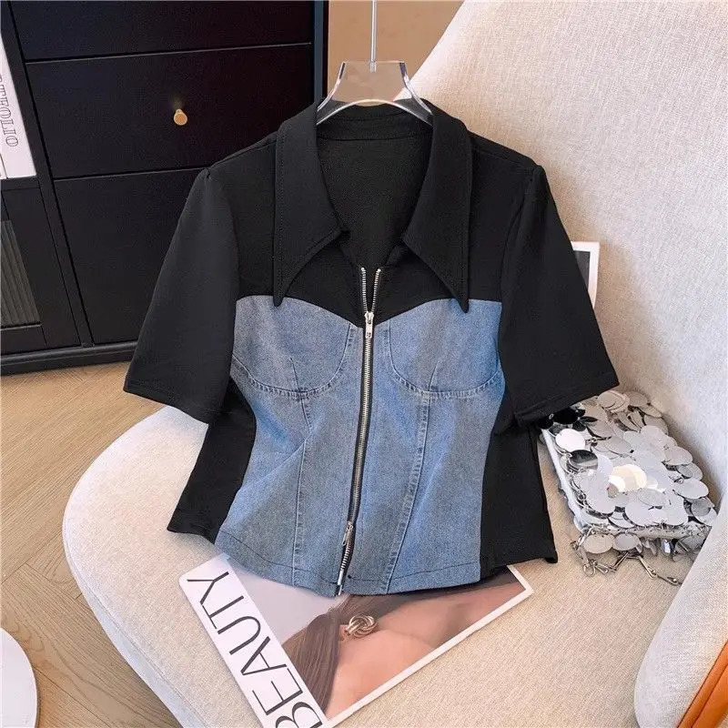 Casual Pant Sets Denim Splicing 2 Pieces Set Summer Polo Collar Zipper Tops High Waist Wide Leg Trousers Women Clothing Suit 240807