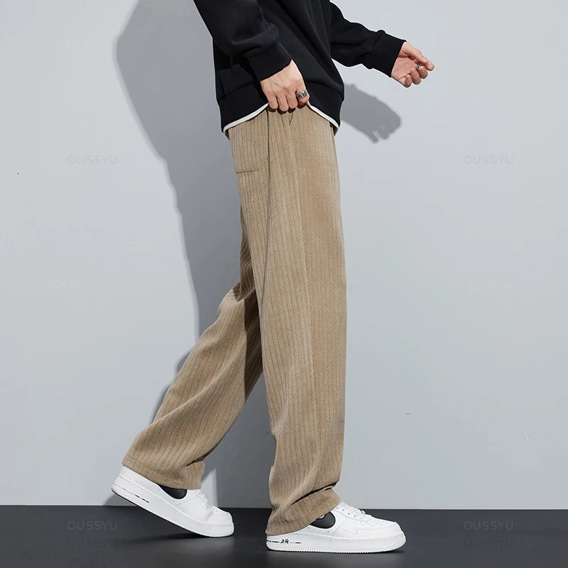Autumn Winter Soft Stretch Stripe Corduroy Pants Men Thick Elastic Waist Korea Baggy Straight Work Jogger Trousers Male 240806