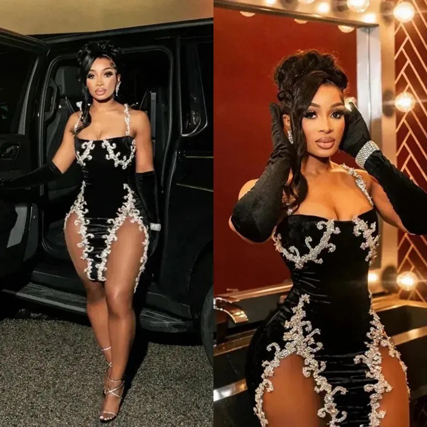 2024 Black Sexy Cocktail Dresses for Women Short Prom Dresses Spaghetti Straps Illusion Rhinestones Decorated Birthday Party Dress for Special Occasio