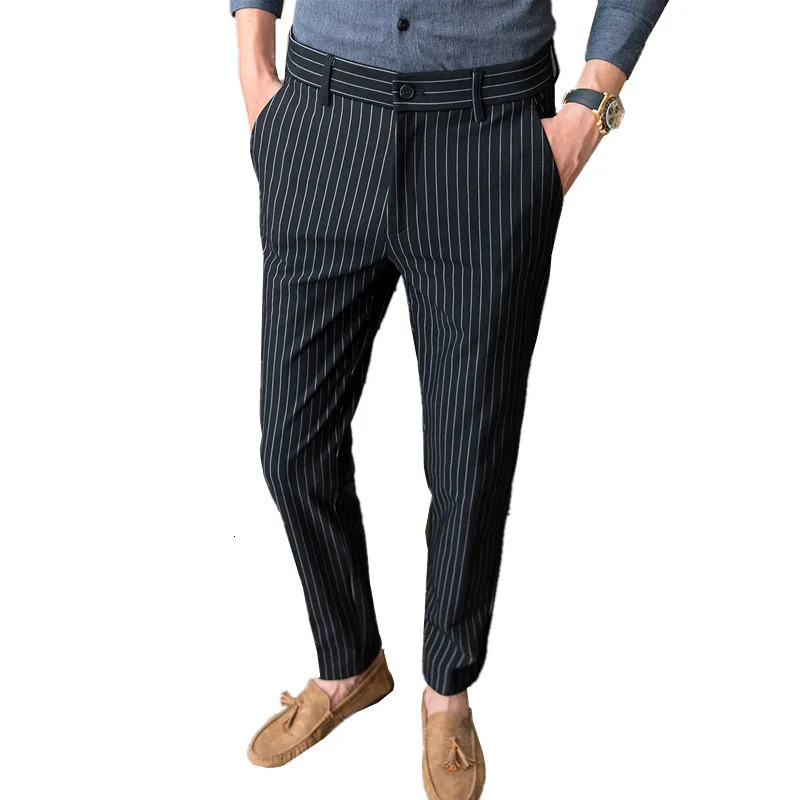 White Vertical Stripes Suit Pants Men Blue Black Trousers Fashion Slim Mens Pant Business Pantalones Hombre Autumn Slacks 240806