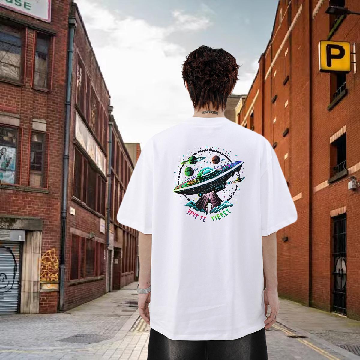 Classic Men T Shirts UFO Tees Shirts 100% Cotton 230g Daily Wear Wholesale Custom Cartoon Crew Neck Breathable Tshirt for Man Woman