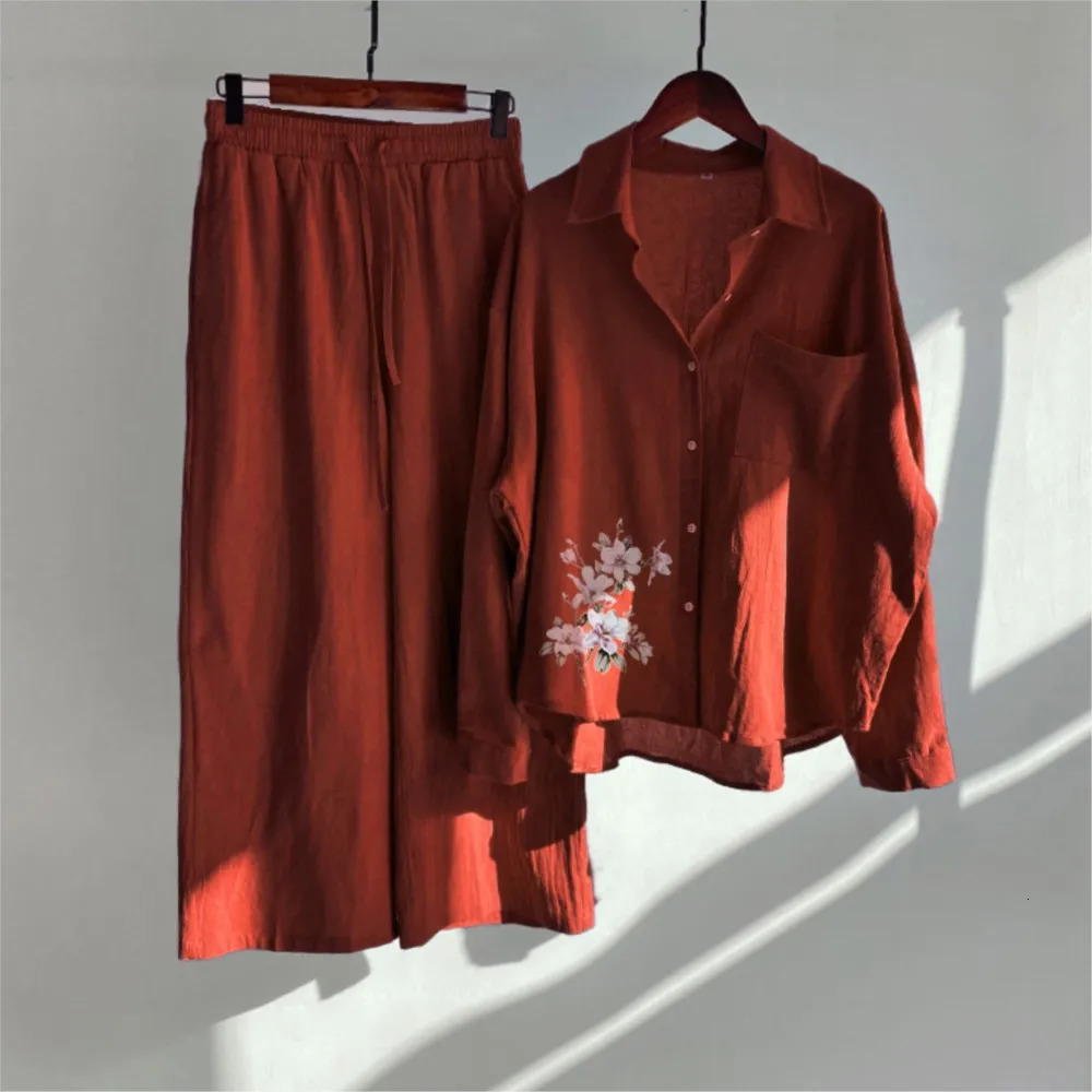Fashion Cotton Linen Printed Long-sleeved Shirt Womens Suit Spring Autumn Casual Loose Wide-leg Pants Elegant Female 2piece Set 240807