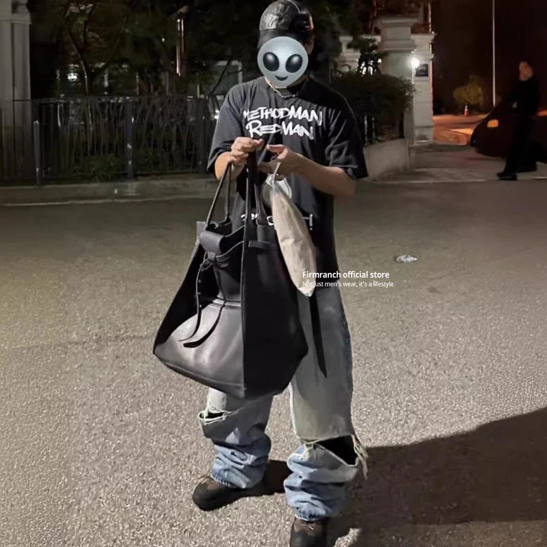 Firmranch Blue Baggy Ripped Jeans For Men Women Oversized Worn Denim Pants Big Broken Hole On Knee Streetwear Trousers 240806