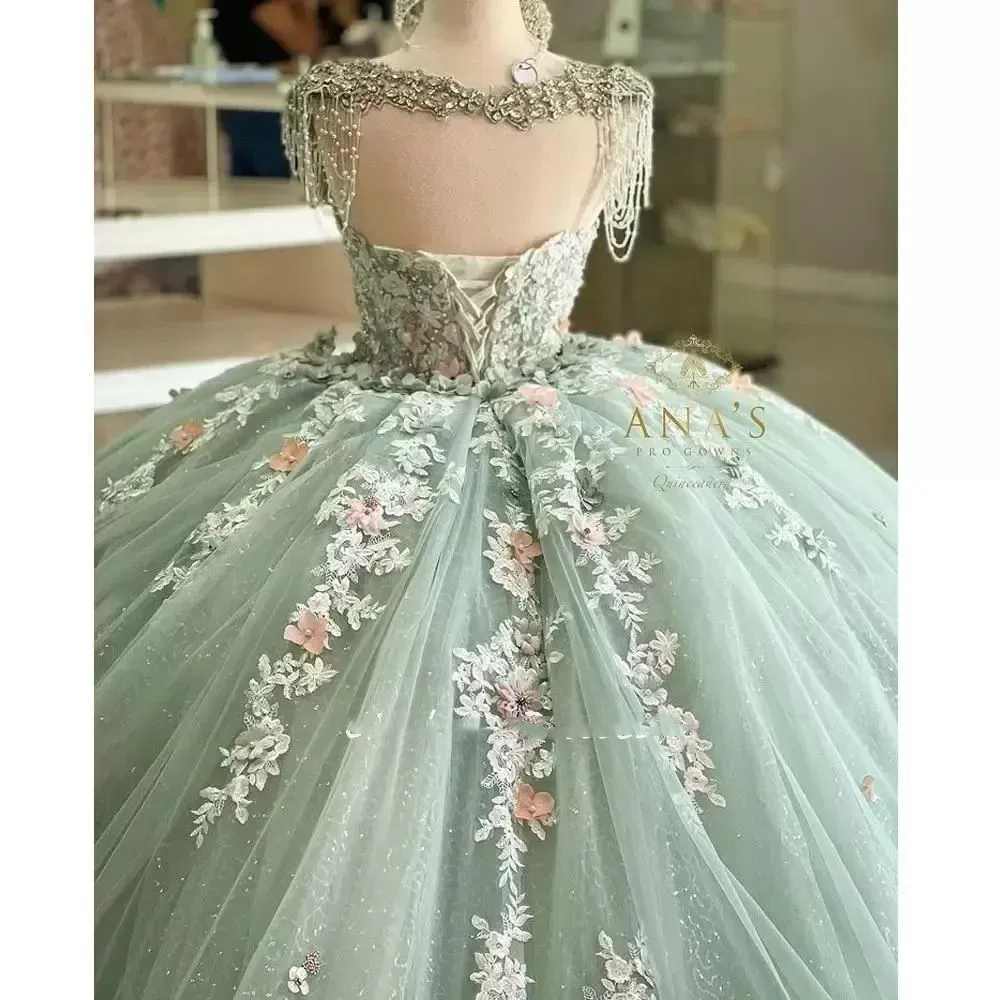 Mexican Vestido De 15 Anos Sage Green Shiny Charro Quinceanera Dresses Lace Appliques Corset Sweet 16 Dress Abiti Da Cerimonia