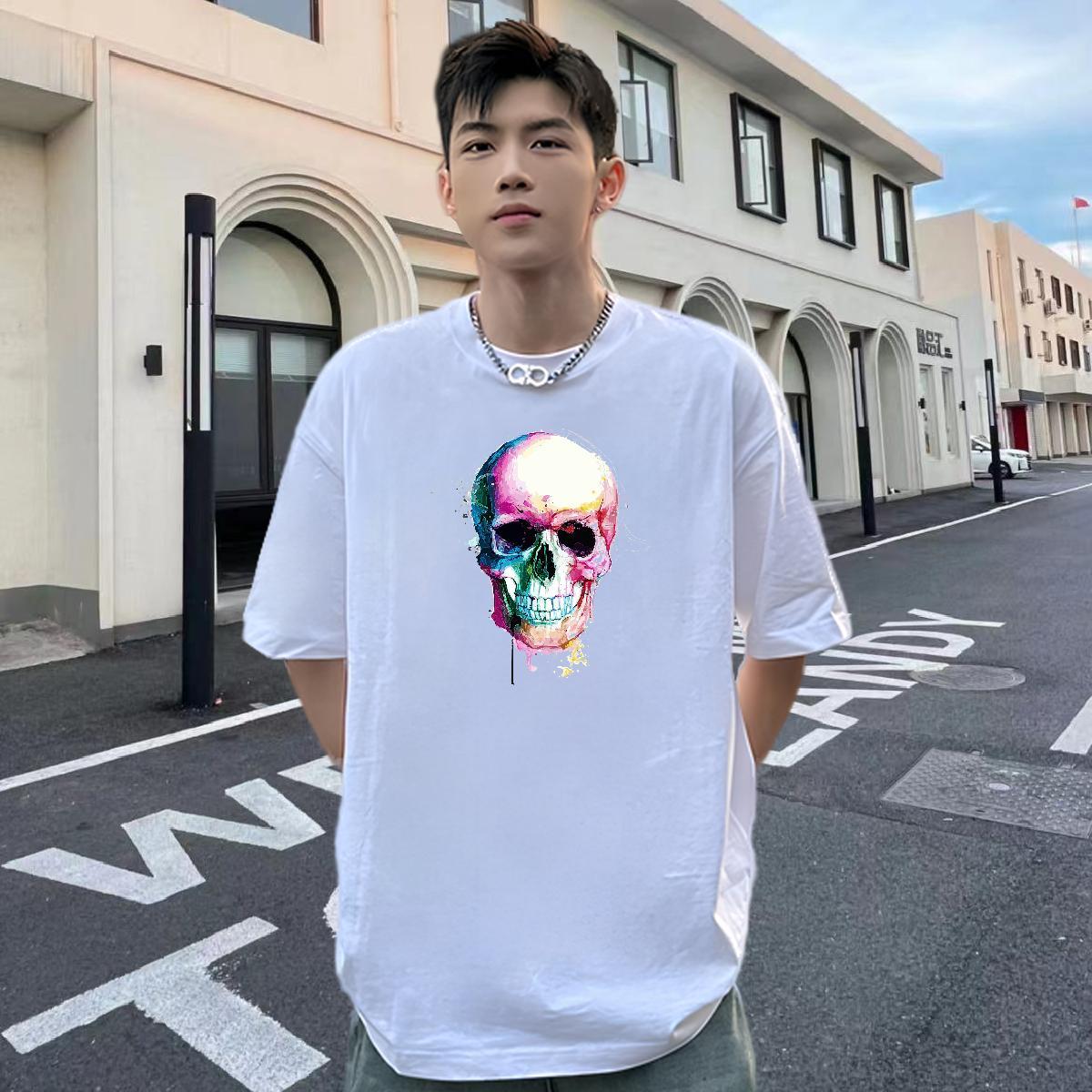 Fashion New T shirt skull Tees Shirts 230g 100% Cotton Outdoor TOP Quality Oversized 3XL 4XL Breathable Crew Neck Mens Tshirts