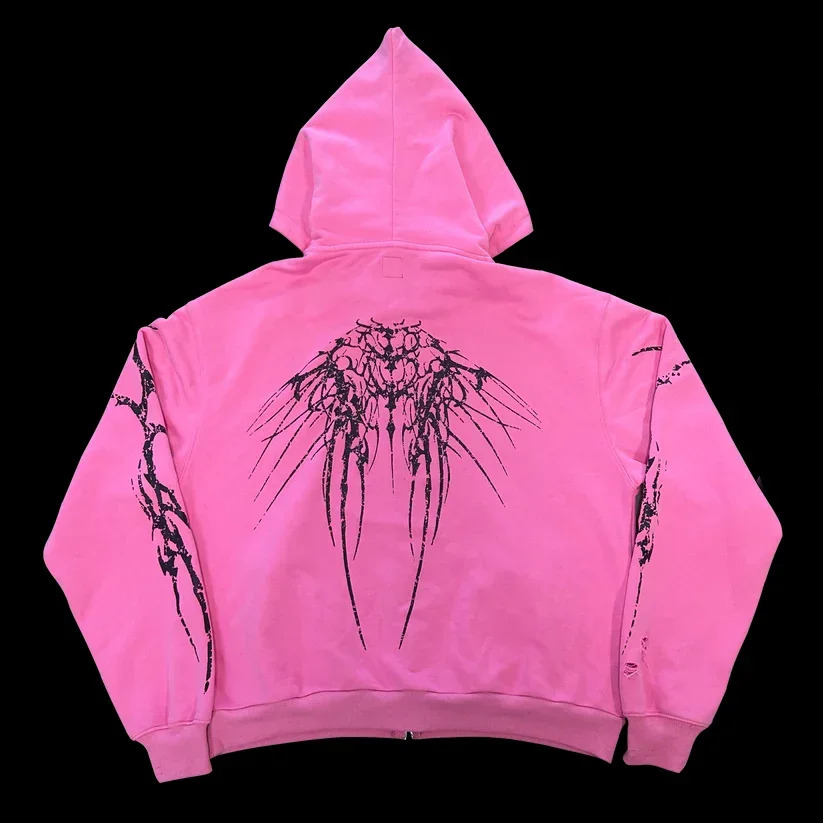 Y2K Zip Up Hoodie Gothic Hip Hop Letter Graphic Print Oversized Pullover Sweatshirt Men Women Harajuku Hoodies streetwear 240806
