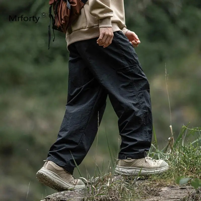 Spring Autumn Solid Color Fashion Elastic Waist Cargo Pants Man High Street Cotton Loose Pockets Patchwork Straight 240806