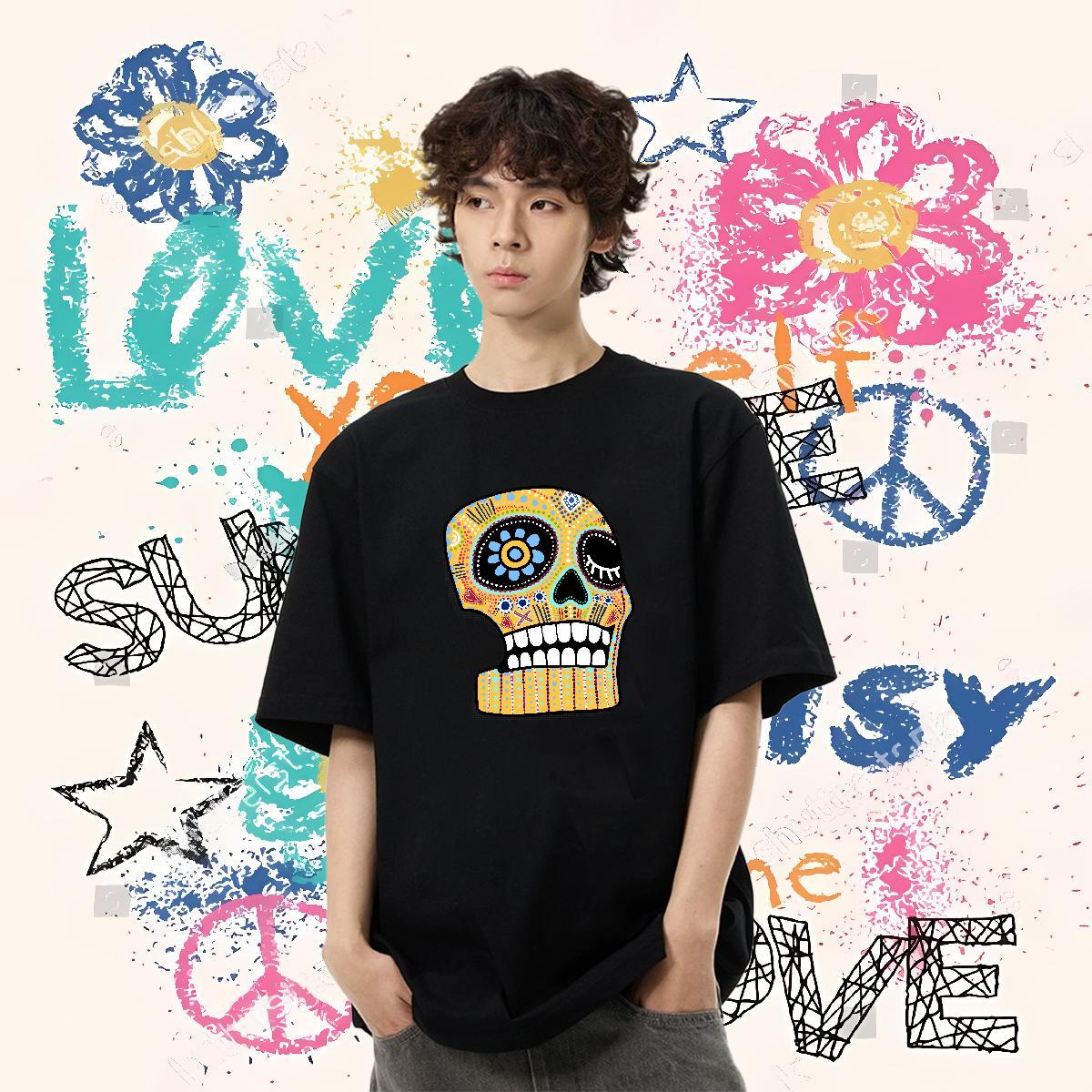 Fashion T Shirts Men skull Tops Tees 230g Pure Cotton Home Outdoor Unisex DIY Printed Crew Neck Tshirt for Man Woman