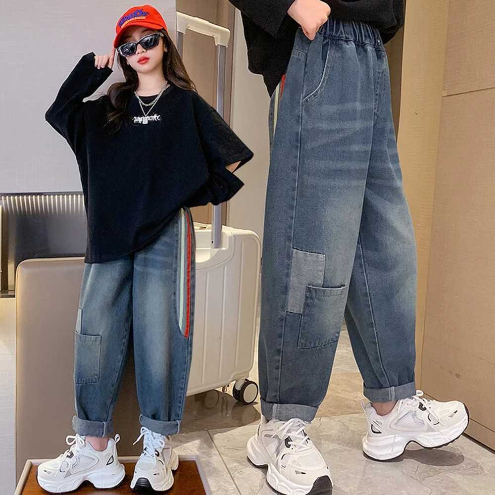 Jeans Fashion Girls Jeans for Spring Autumn Casual Loose Harem Pants 5-14 Years Children Korean Teenage Elastic Waist Denim Trousers