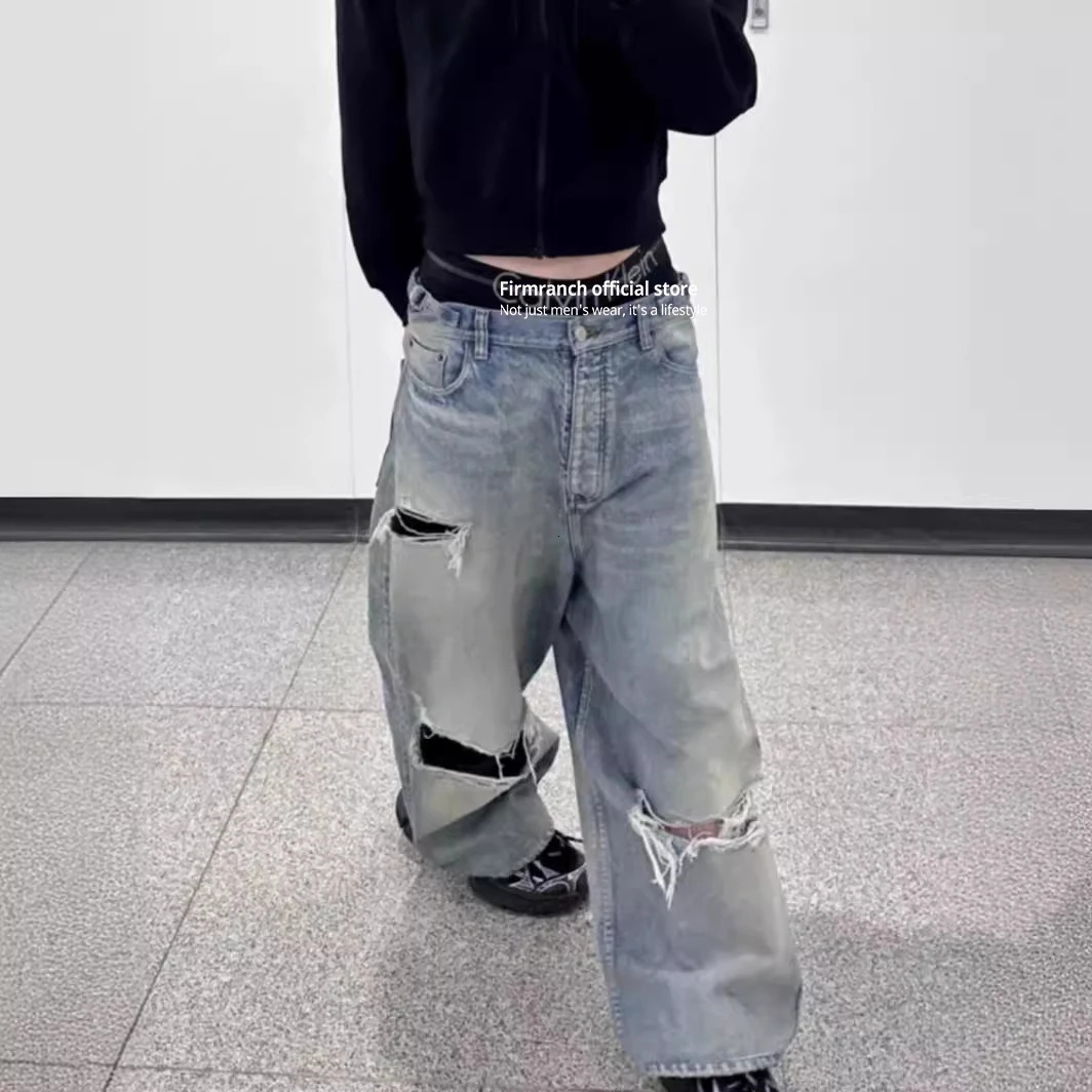 Firmranch Blue Baggy Ripped Jeans For Men Women Oversized Worn Denim Pants Big Broken Hole On Knee Streetwear Trousers 240806