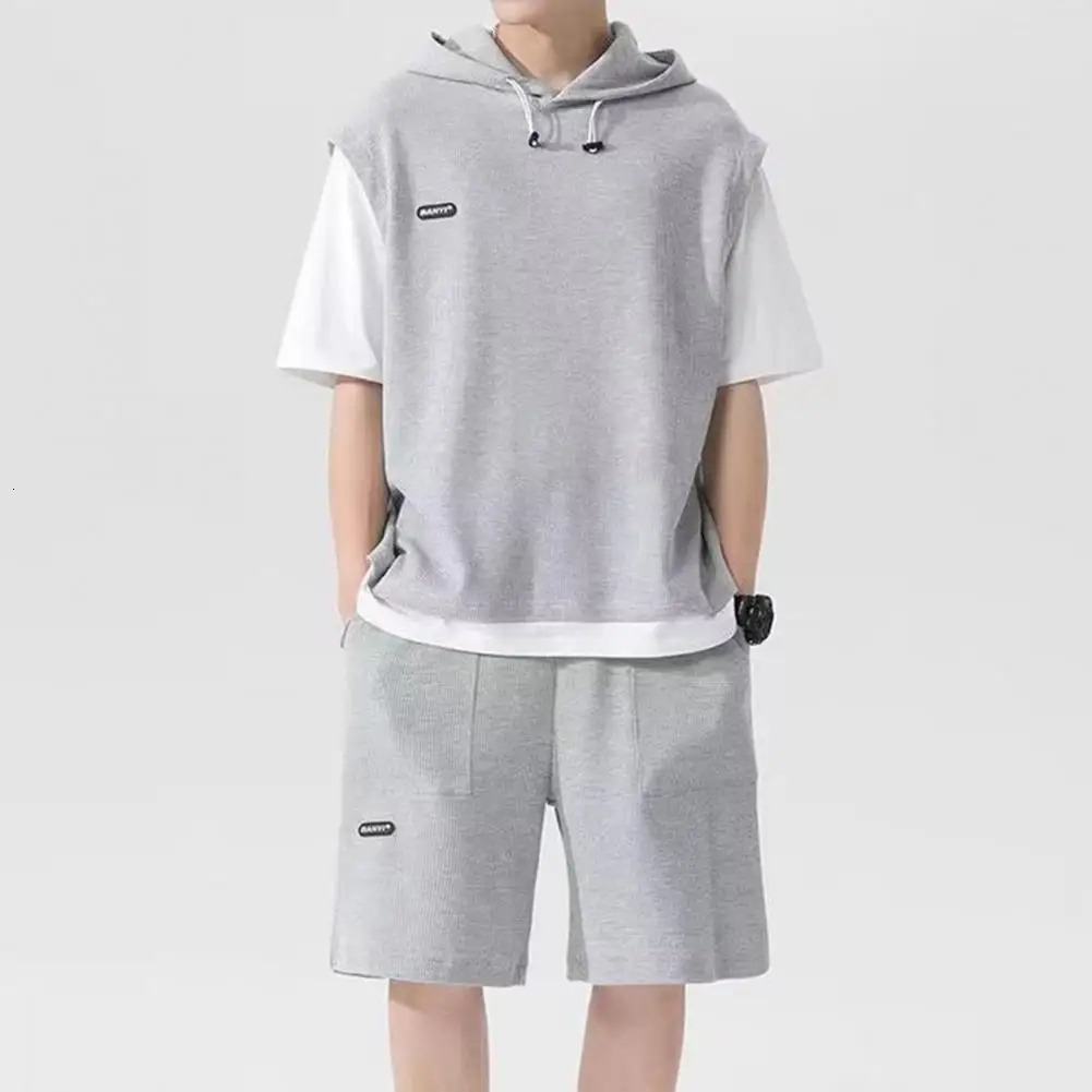 Loose Breathable T-shirt Shorts Set Two-piece Loose Fit Outfit Mens Casual Sport Outfit Set with Hooded Drawstring for Active 240813