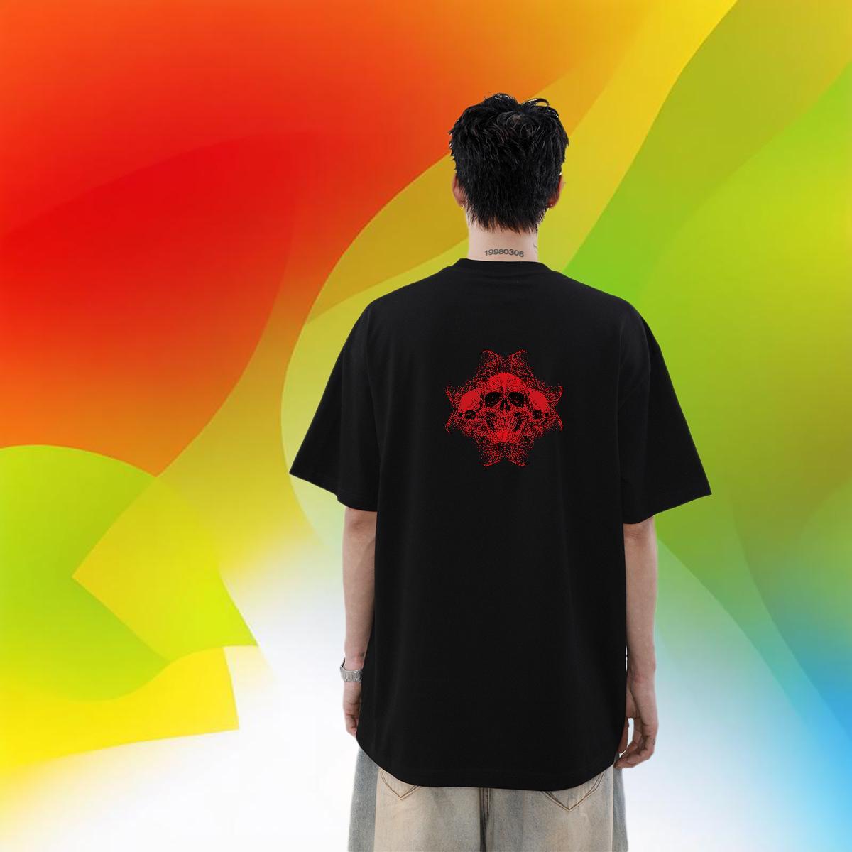 Fashion New Men T Shirts skull Tops Tees 230g Pure Cotton High Street Hip Hop Cool Black Oversized Crew Neck Men Tees