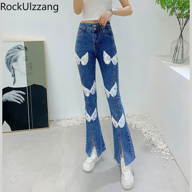 Embroidery Sequin Wing Skinny Tight Stretch High Waist Slim Flare Denim Pant Bootcut Bell Bottom Jeans Women mom y2k oversized 240807