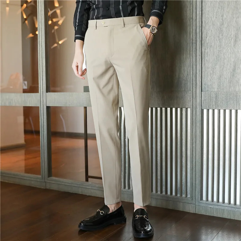 Men Noniron fabric Slim Straight Black Casual Suit Pants Male Business pants Blue Grey Thin Formal Trousers 240806