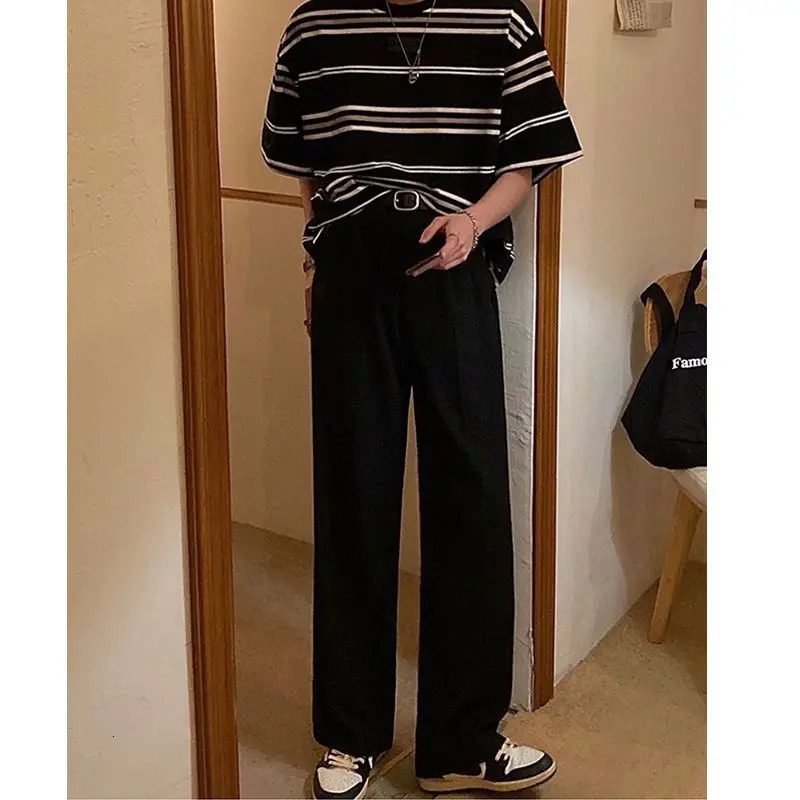 Retro solid color summer straight leg mens wide pants with fashionable pockets that fully match street casual loose fit Trousers 240812