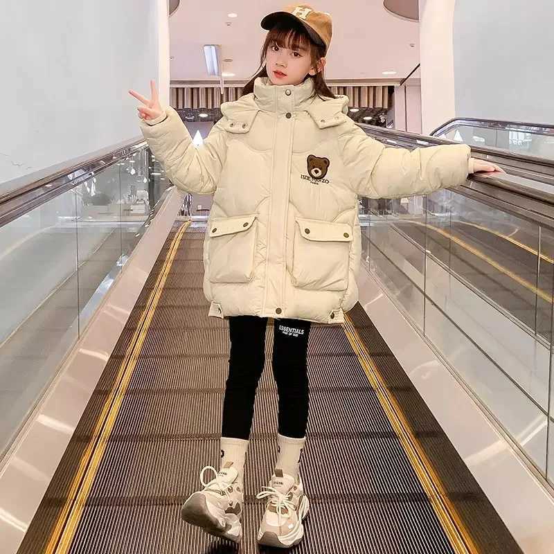 2024 New Girl Down Jacket Cute Bear Autumn Warm Fashion Parka Jacket Hooded Zipper Girls Jacket 5-12 Childrens Clothing X2411151