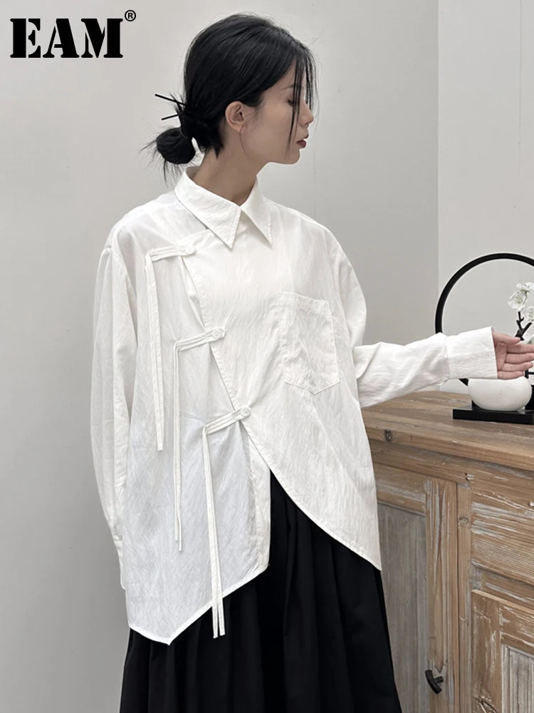 EAM Women White Buckle Irregular Big Size Blouse Lapel Long Sleeve Loose Fit Shirt Fashion Spring Autumn 1DF7846 240807