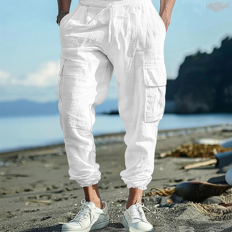 Autumn Casual Mens Cotton Pants Fashion Solid Color Drawstring Loose Cargo For Men Vintage Patchwork Pockets Design 240806