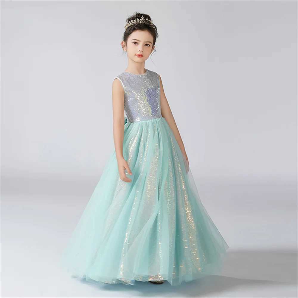 -neck Girl Dress Sparkling Flower Gaul Flower Girl Dress Sleeveless Childrens Birthday Formal Princess DressW240720