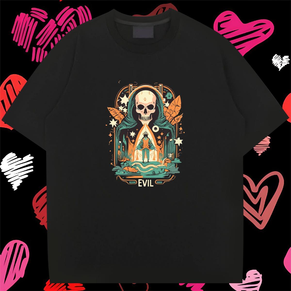 Casual New T Shirt For Man skull Polos 230g 100% Cotton Daily Outfit Loose Black White Breathable Short Sleeve Tshirts