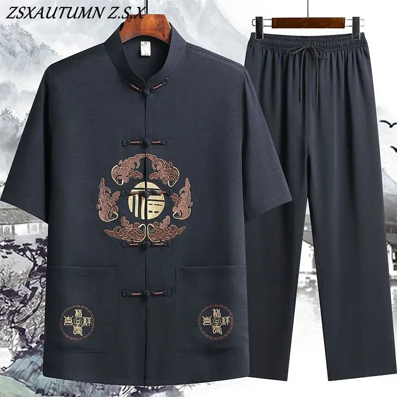 Modern Tang Suit Mens Embroidery Summer Chinese Style Short-sleeved Trousers Suit Casual Breathable Vintage Men Two-piece Set 240813