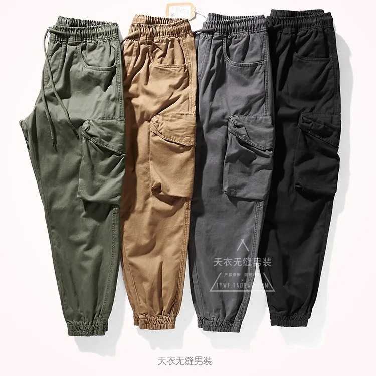 Military Retro Woven Tooling Pants Mens Fashion Pure Cotton Washed Old Casual Elastic Waist Drawstring Loose Multi Pocket 240806