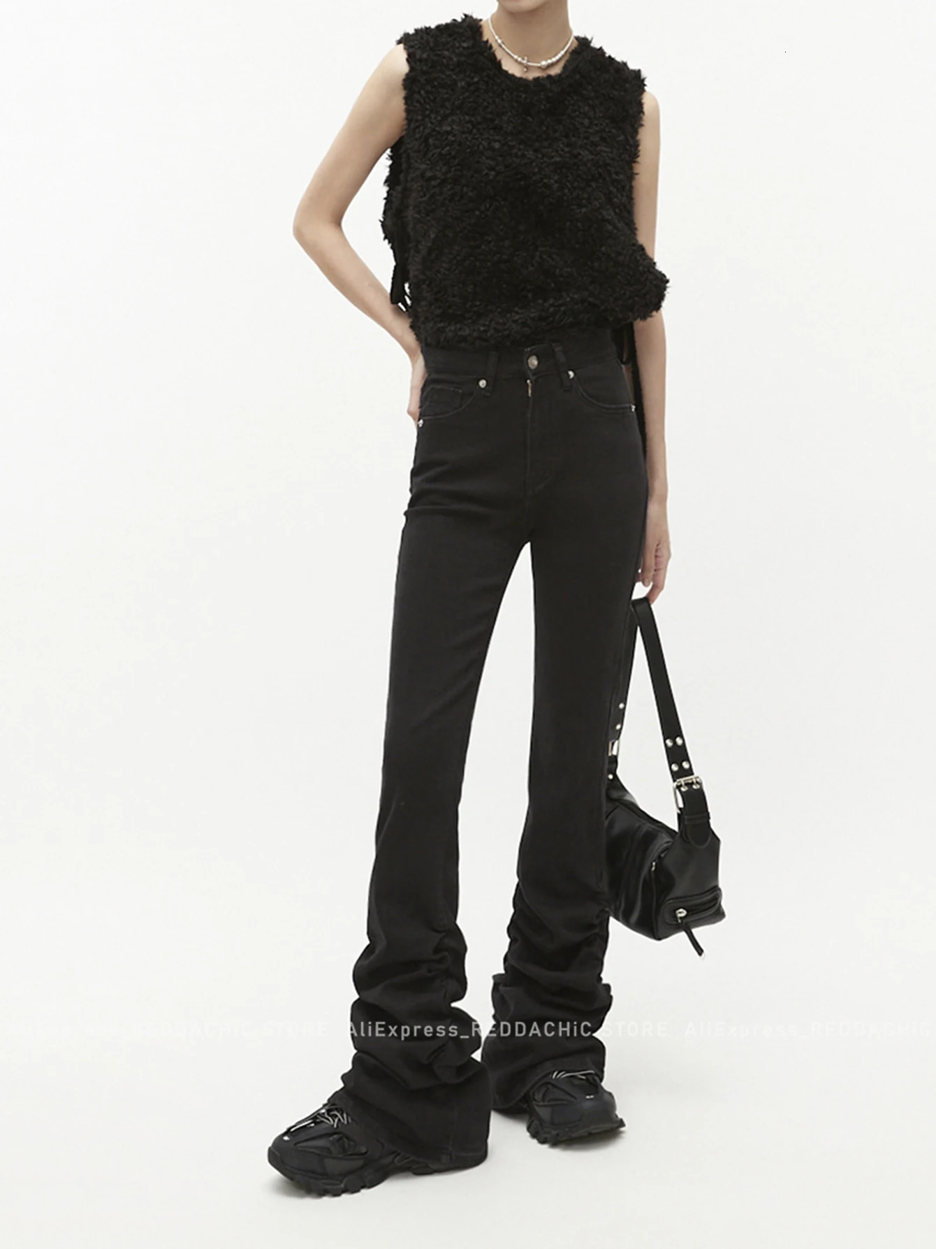 REDDACHiC Tall Girl Shirred Flare Jeans Basic Solid Black Bootcut Pants High Rise Denim Bell Bottoms Women Harajuku Y2k Trousers 240807