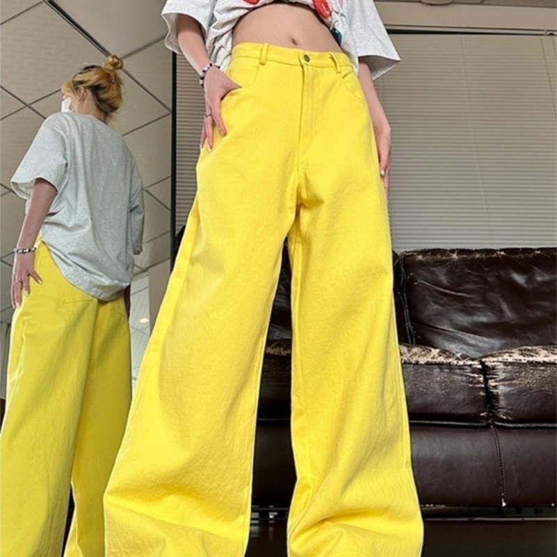 High Waist Chic Simplicity Versatile Wide Leg Baggy Jeans For Women Casual Streetwear Yellow Female Y2k Pants Denim Trousers 240806