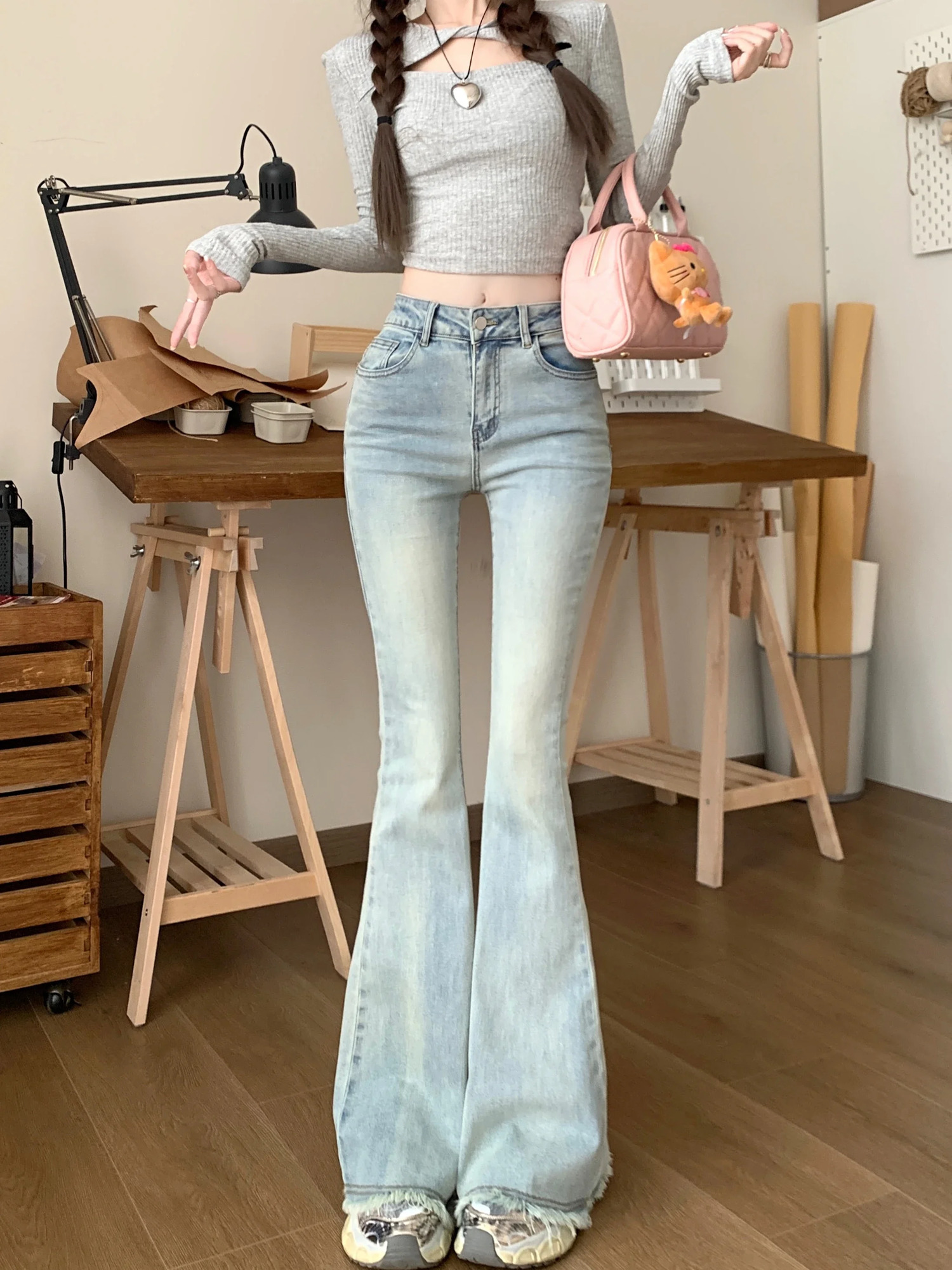 Womens Bootcut Flare Denin Jeans Raw HemStretch High Waisted Elegant Slim Curvy Strtchy Jean Bell Bottomkorean y2k clothing 240807