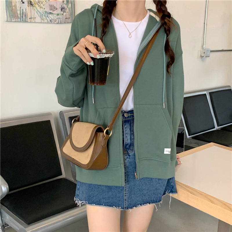 Spring and autumn loose zippered long sleeved for Korean version solid color hooded hoodie, student women's cardigan small jacket
