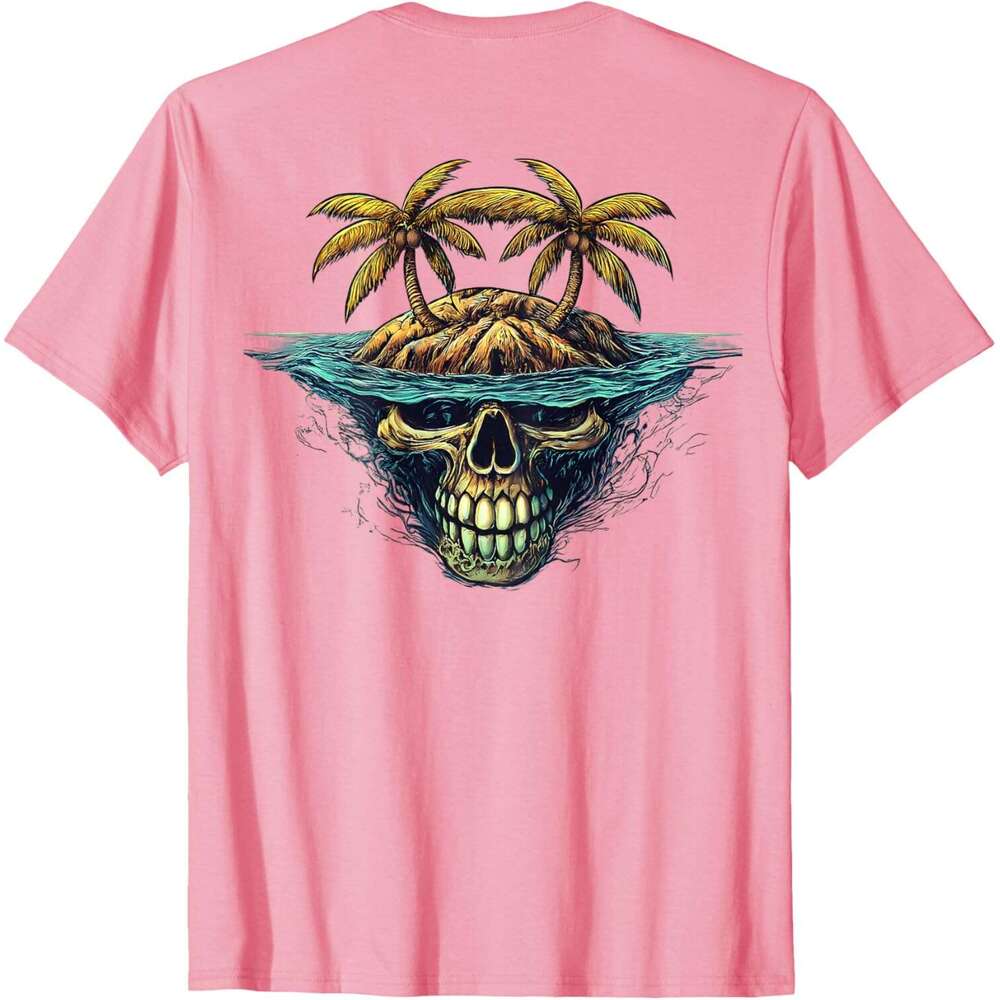 Mens T shirt On Back Cool Island Palm Trees Skull Beach Pirate Nautical T-Shirt shirts tshirt graphic tee Casual tops summer clothes Short sleeve Free