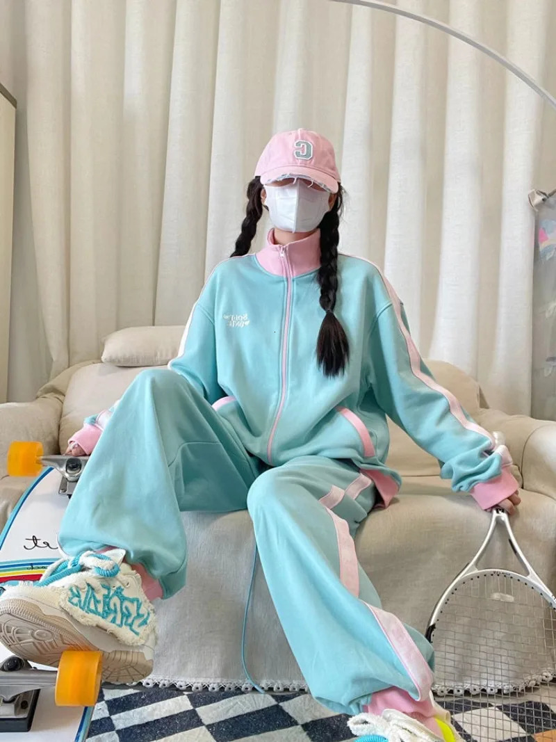 Sports Suit Women Korean Spliced Stand Neck Coat Pants Contrast Color Sweet Fashion Casual Autumn Loose Running Two Piece Set 240807