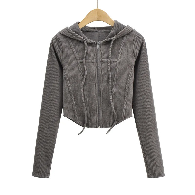 Fall fashion cropped hoodies women zip up hoodie korean fashion sweatshirts hooded cute long sleeve crop top sexy curve hem 240807