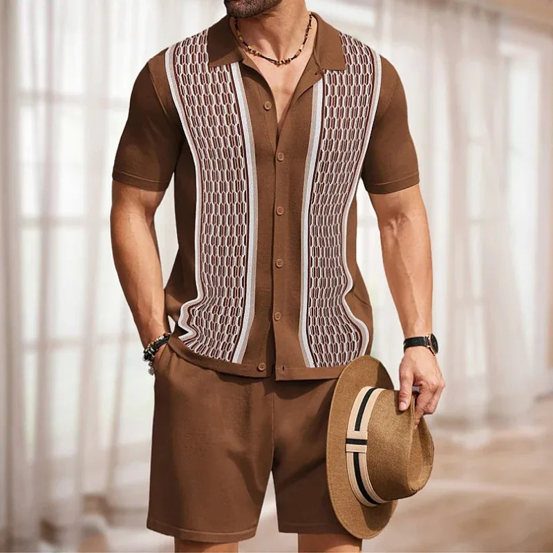 Retro patch work crochet shirt and shorts set casual daily shirt set mens holiday outdoor clothing summer240806