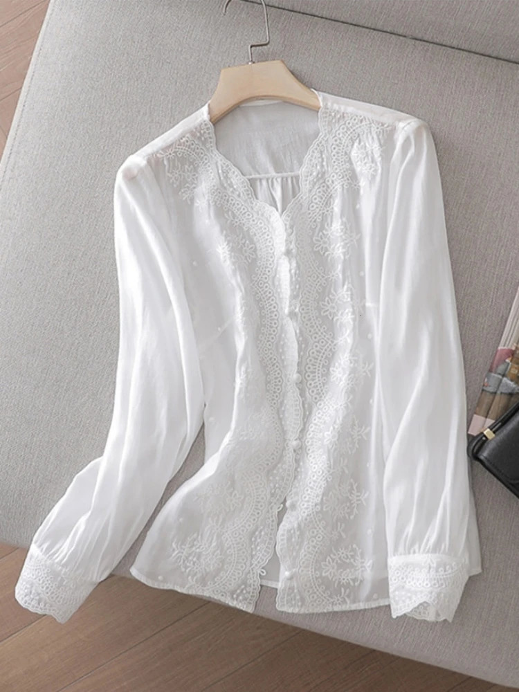 French Embroidery Flower Lace Womens Shirt V Neck Sweet Long Sleeve Linen Blouse Autumn Loose Elegant Sunscreen Top 16108 240807