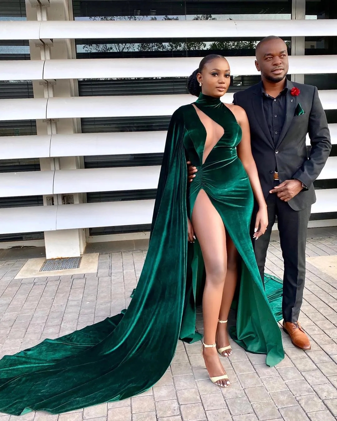 Green Aso Ebi Mermaid High Collar Velvet Slit Sexy Prom Dresses Formal Party Second Reception Birthday Engagement Evening Gowns Dresses Robe De Soiree