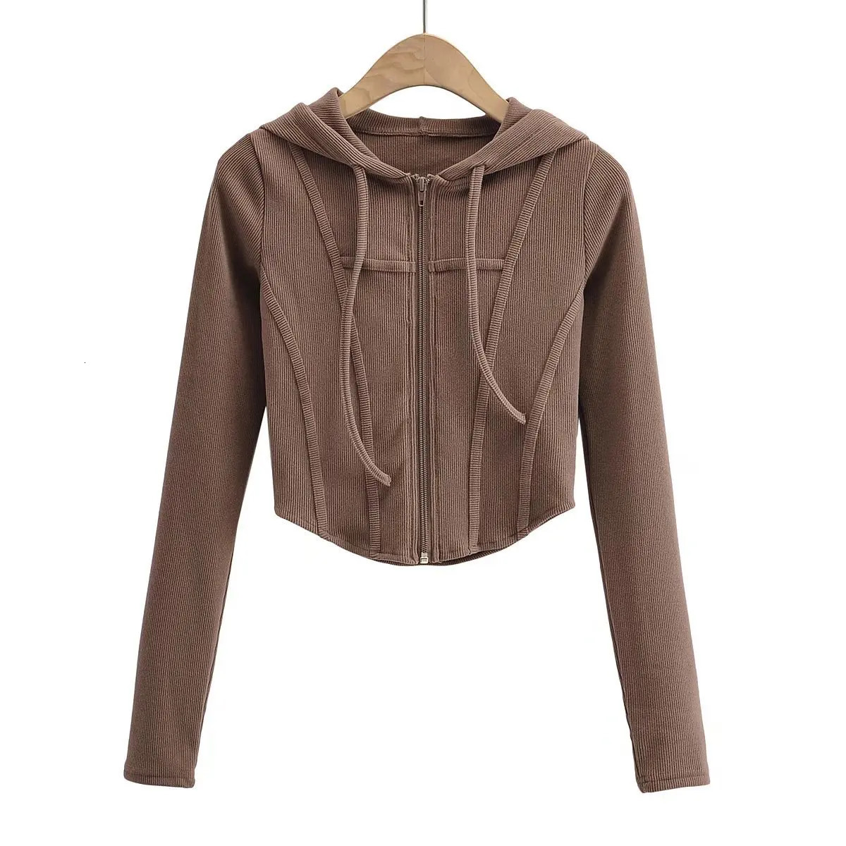 Fall fashion cropped hoodies women zip up hoodie korean fashion sweatshirts hooded cute long sleeve crop top sexy curve hem 240807