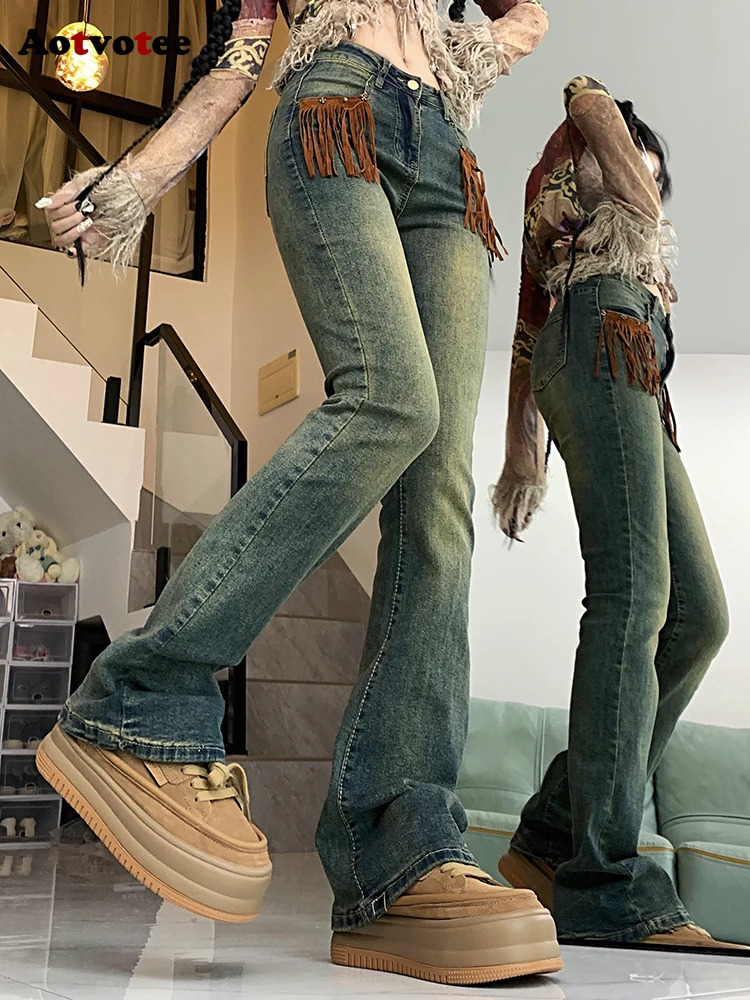 Aotvotee Bell Bottom Jeans for Women Chic Tassel Vintage Washed High Waisted Slim Denim Pants Fashion Full Length Trousers 240807