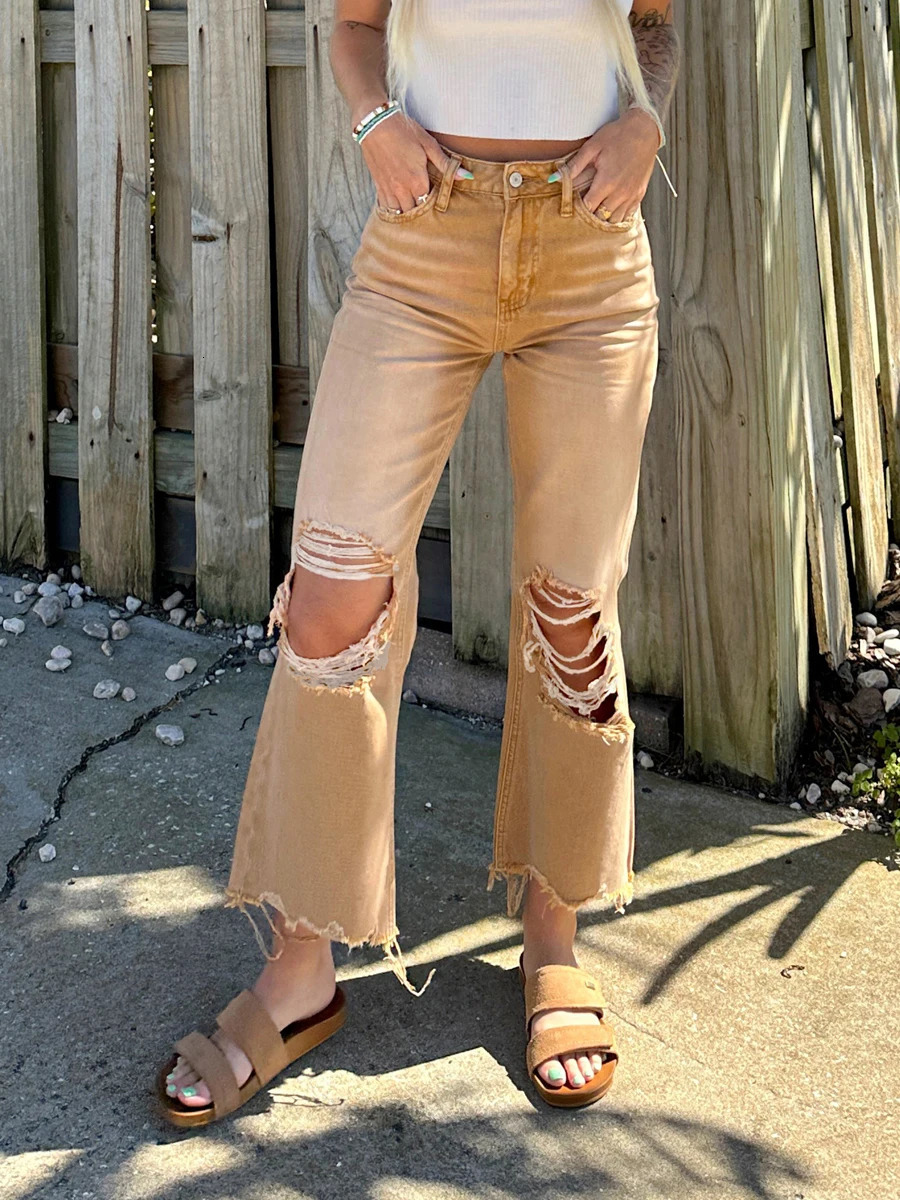 Women s Ripped Jeans High Waisted Cut Out Casual Raw Hem Denim Flared Trousers Pants Bell Bottom Y2K Streetwear 240807