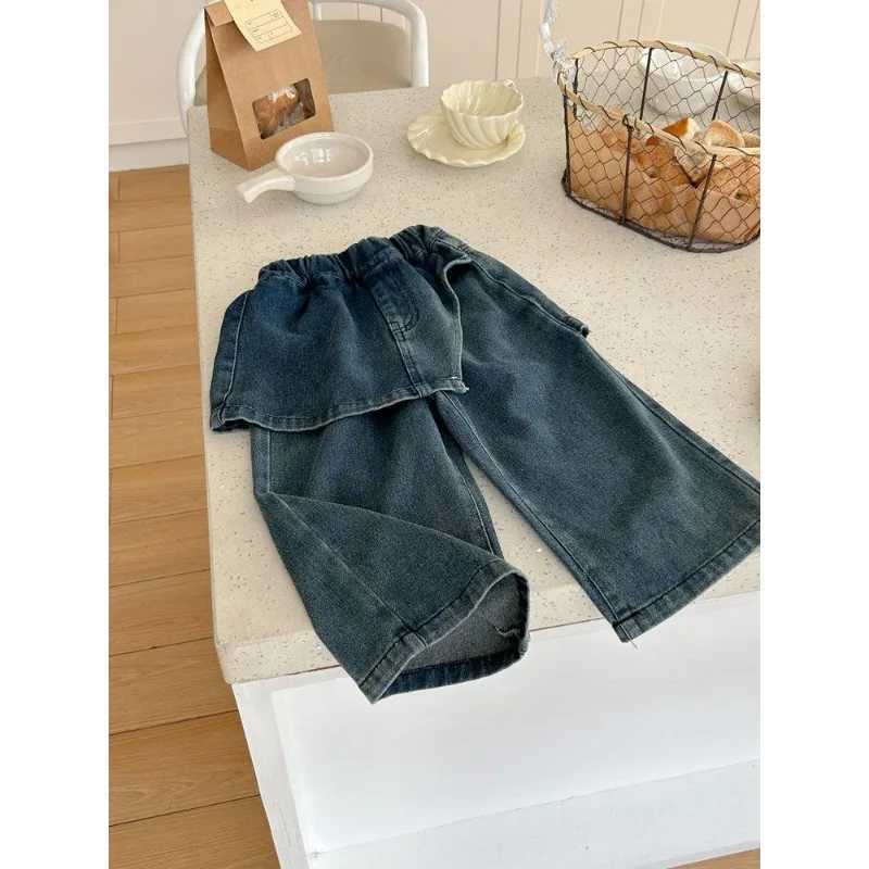 Jeans Girls Jeans Korean Straight Leg Trousers Boys Fake Two-piece Long Pants Girls Fashionable Handsome Kid Childrens Gray Culottes