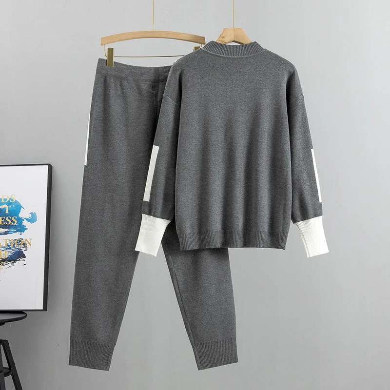 Autumn Winter 2 Pieces Set Knitted Long Sleeve Pullovers Sweater Casual Patchwork Fashion Women Tops And Pants Suits Spring 240807