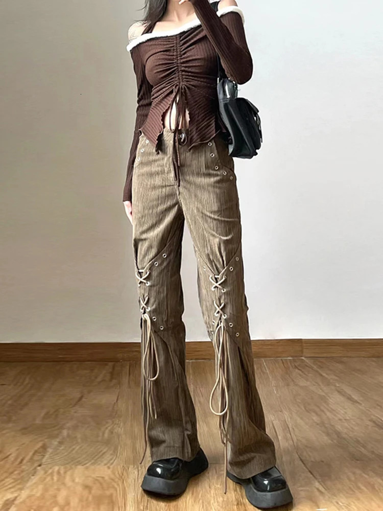 Women American Vintage Baddie Style Lace Up Cargo Pants Grunge High Waist Straight Leg Trousers Harajuku Fashion Y2k Streetwear 240807