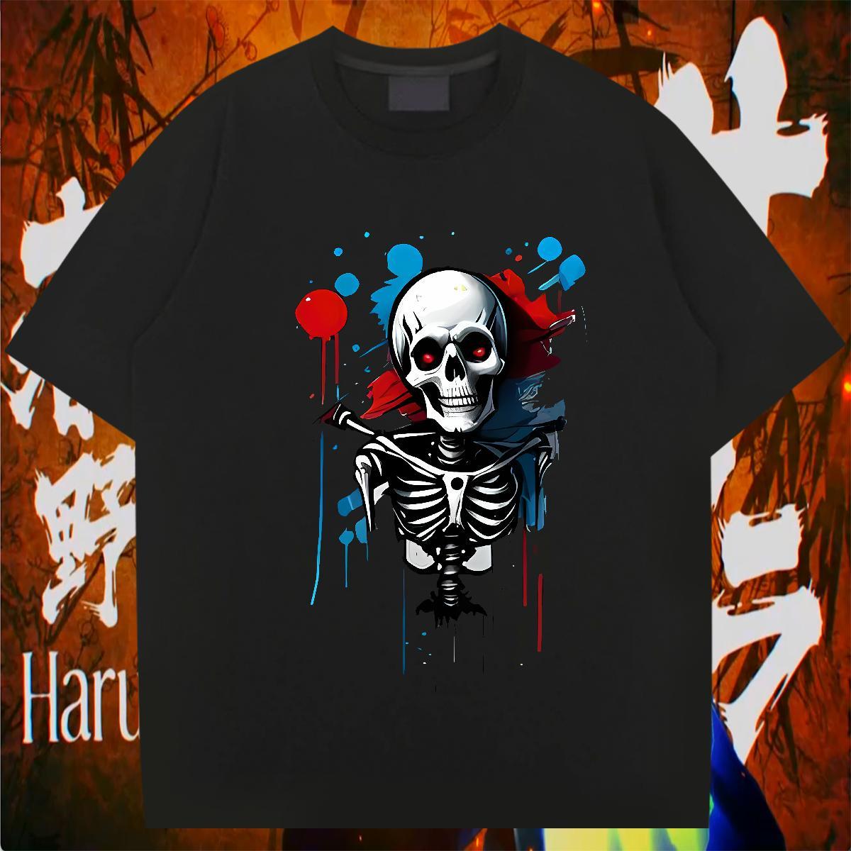 Casual New Men T Shirts skull Tops 100% Cotton 230g Beach Popular DIY Anime Breathable Crew Neck Men Tees