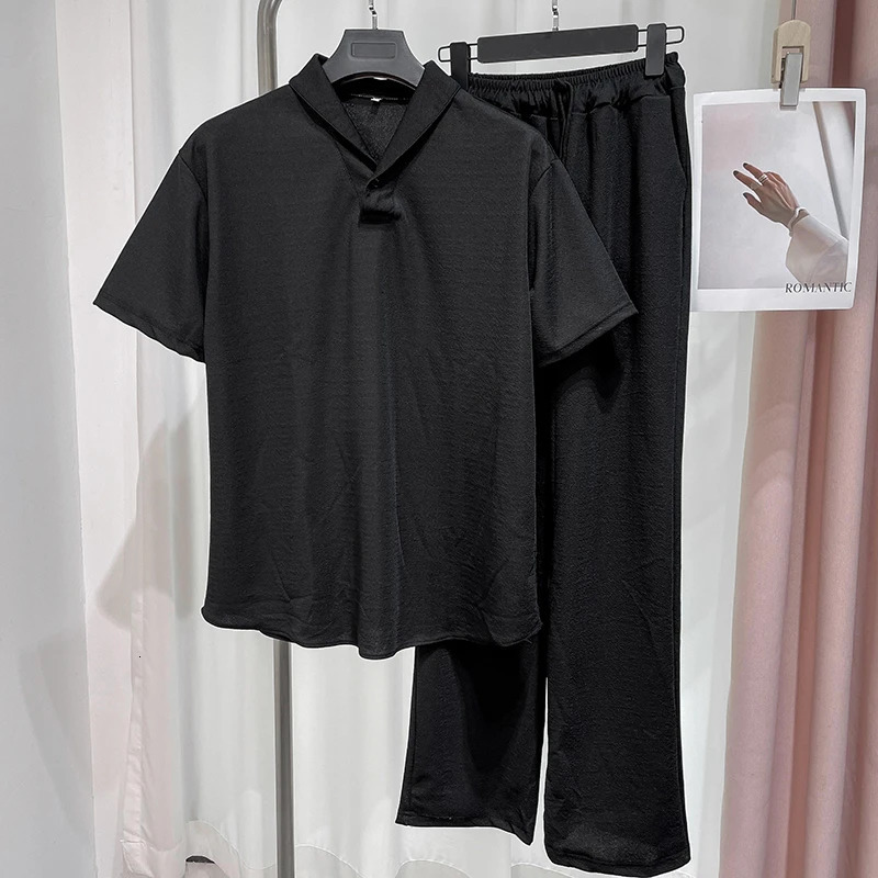 Men Two Piece Suits 2024 Summer Fashion Solid Casual Loose Short Sleeve Quick-Drying Long Straight Pants Outfits Male Sets 240816