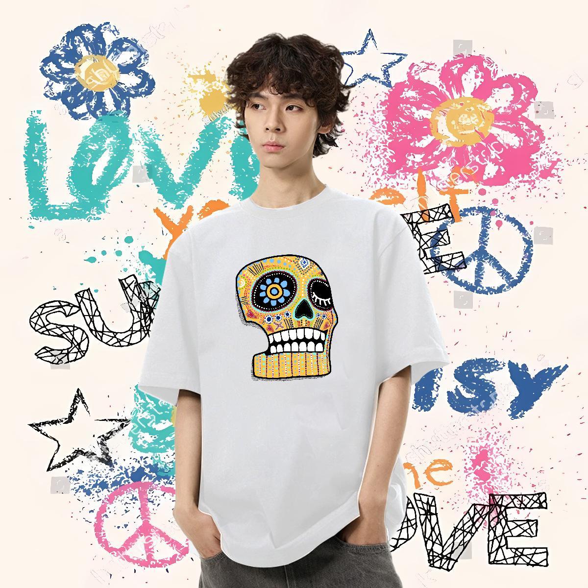 Fashion T Shirts Men skull Tops Tees 230g Pure Cotton Home Outdoor Unisex DIY Printed Crew Neck Tshirt for Man Woman