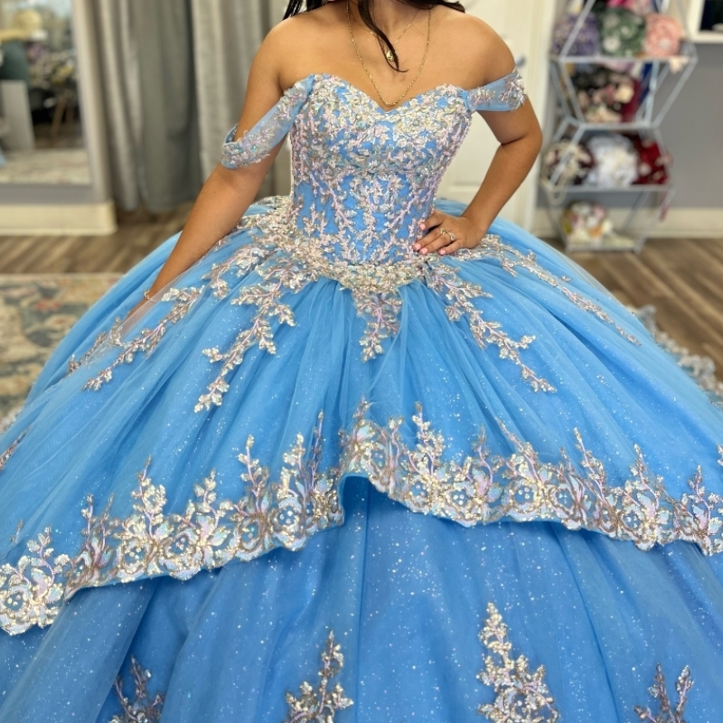 Light Blue Shiny Dresses 2024 Lace Appliqued Crystal Off the Shoulder Ball Gown Sweet 15 Vestidos De Quinceanera