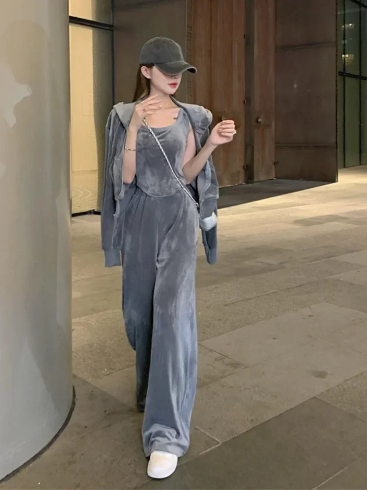 Fashion Velvet Hooded Sweater Tank Top Sports Pants Three Piece Set Women Korean Soft Casual Solid Loose Gray Sweatershirt Suit 240807