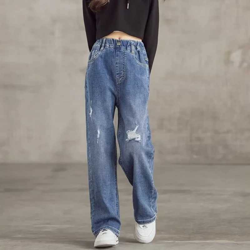 Jeans Girls Jeans Spring And Summer New Style Childrens Straight-leg Medium And Large Childrens Wide-leg Spring Loose Trousers